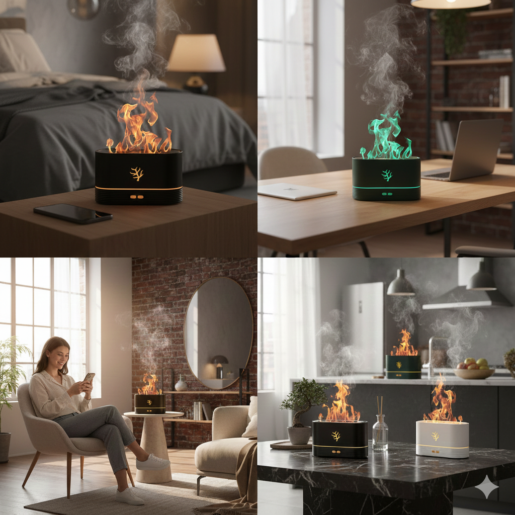 Diffusore di Aromi Elettrico a LED con Effetto Fiamma e Timer Intelligente USB