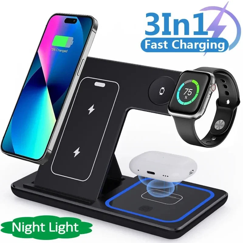 Caricatore Wireless 3-in-1 Pieghevole 15W per Smartphone, AirPods e Smartwatch