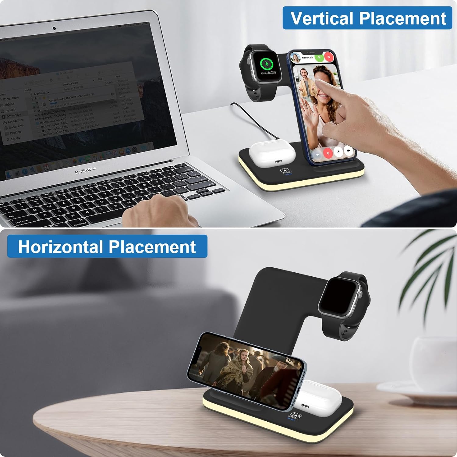 Caricatore Wireless 3 in 1  per Smartphone-AirPods-Smartwatch